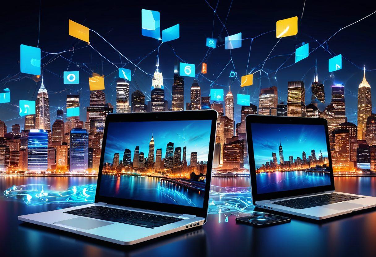 A captivating visual of interconnected devices sharing media files, such as laptops and smartphones, with vibrant torrents of digital data flowing between them. Include a background of a stylized cityscape filled with streaming media icons and transparent download symbols. The scene should evoke a sense of collaboration and freedom in digital sharing. super-realistic. vibrant colors. 3D.