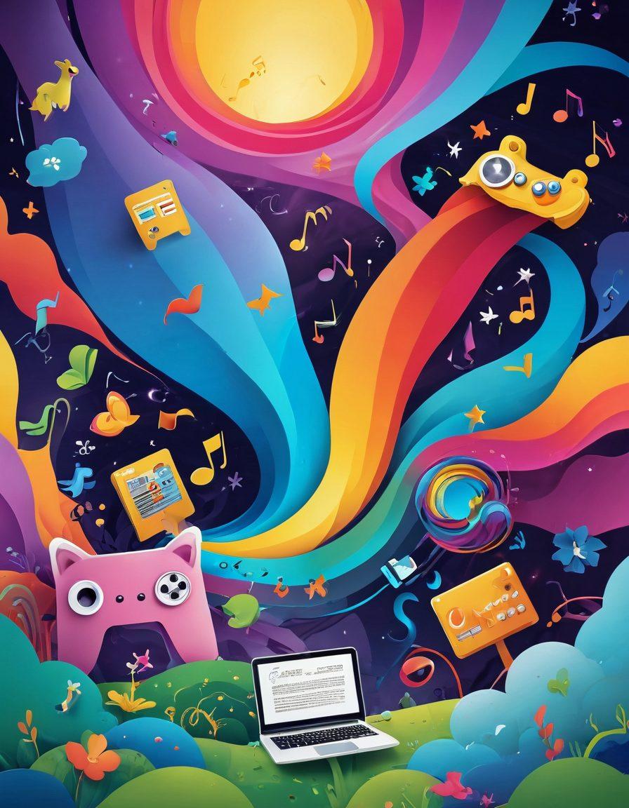 A whimsical and colorful landscape featuring joyful cartoon characters celebrating as they download torrents. Include a magical, swirling vortex in the background symbolizing the ease of access to fun content. Add vibrant visuals of playful icons such as music notes, game controllers, and movie reels floating around. The scene should radiate happiness and excitement, inviting viewers to explore the joy of downloading. vector art. vibrant colors. 3D.