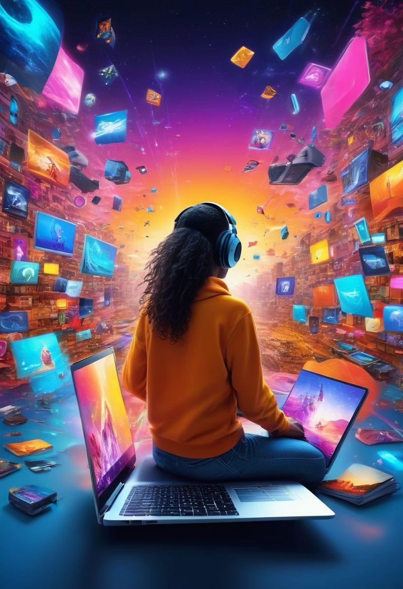 A vibrant collage showcasing diverse digital entertainment: a person effortlessly sharing content from a laptop, instant downloads illustrated as fast-moving digital streams, and various multimedia icons like movies, music, and games floating around. The background should be lively and colorful, depicting a futuristic digital landscape with glowing elements. super-realistic. vibrant colors. 3D.